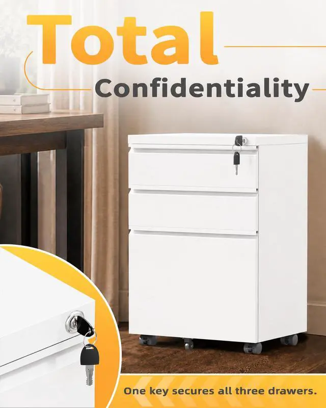 Alt view image 6 of 7 - Fully Assembled 3 Drawer Mobile File Cabinet with Lock, White | Fits Letter, Legal And A4 Files; Under Desk Metal Filing Cabinet with Wheels for Office