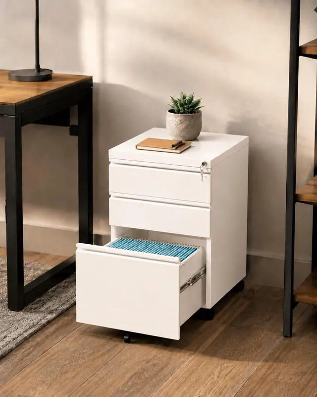 Alt view image 7 of 7 - Fully Assembled 3 Drawer Mobile File Cabinet with Lock, White | Fits Letter, Legal And A4 Files; Under Desk Metal Filing Cabinet with Wheels for Office