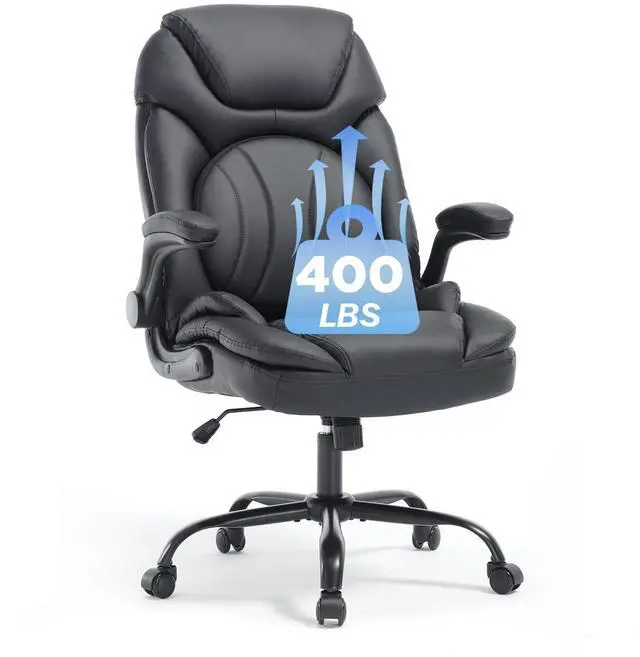 Main image of Ergonomic Executive Office Desk Chair with Back Support, Black | Adjustable Lumbar Support, Flip-up Arms, Faux Leather, Plus Size, Wheels