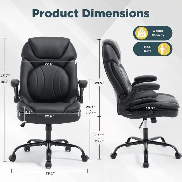 Alt view image 2 of 7 - Ergonomic Executive Office Desk Chair with Back Support, Black | Adjustable Lumbar Support, Flip-up Arms, Faux Leather, Plus Size, Wheels