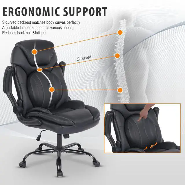 Alt view image 3 of 7 - Ergonomic Executive Office Desk Chair with Back Support, Black | Adjustable Lumbar Support, Flip-up Arms, Faux Leather, Plus Size, Wheels
