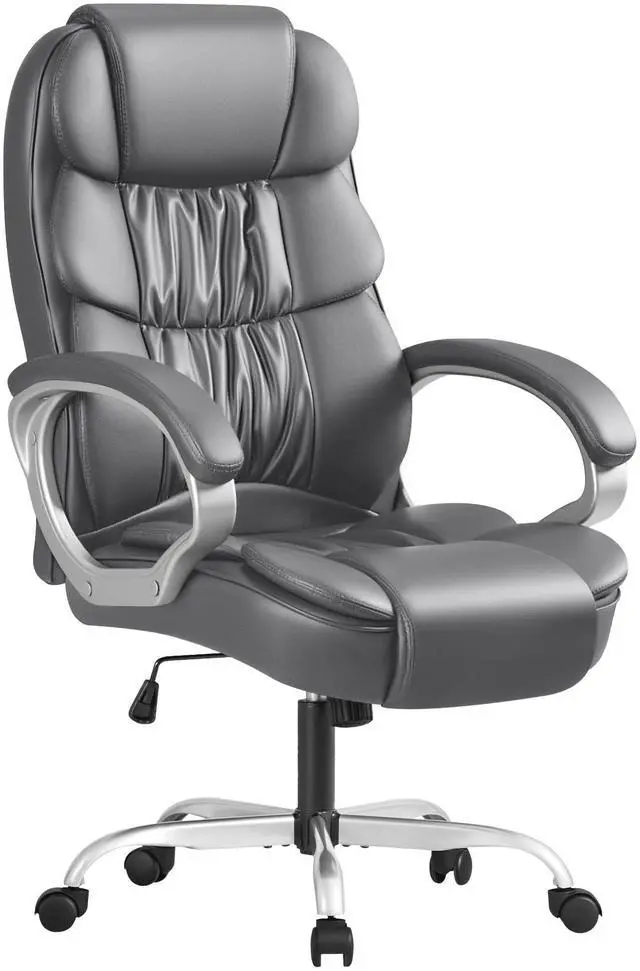 Main image of Leather High Back Office Chair Ergonomic Executive Office Chair Swivel Computer Desk Chair Lumbar Support Soft Cushioned Padded Arms (Grey)