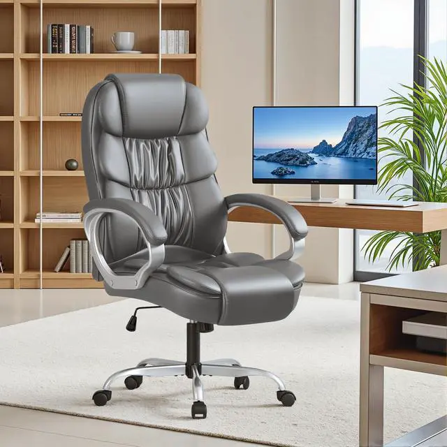 Alt view image 2 of 7 - Leather High Back Office Chair Ergonomic Executive Office Chair Swivel Computer Desk Chair Lumbar Support Soft Cushioned Padded Arms (Grey)