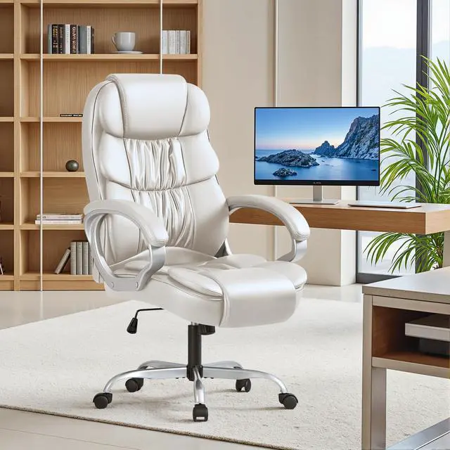Alt view image 7 of 7 - Leather High Back Office Chair Ergonomic Executive Office Chair Swivel Computer Desk Chair Lumbar Support Soft Cushioned Padded Arms (White)