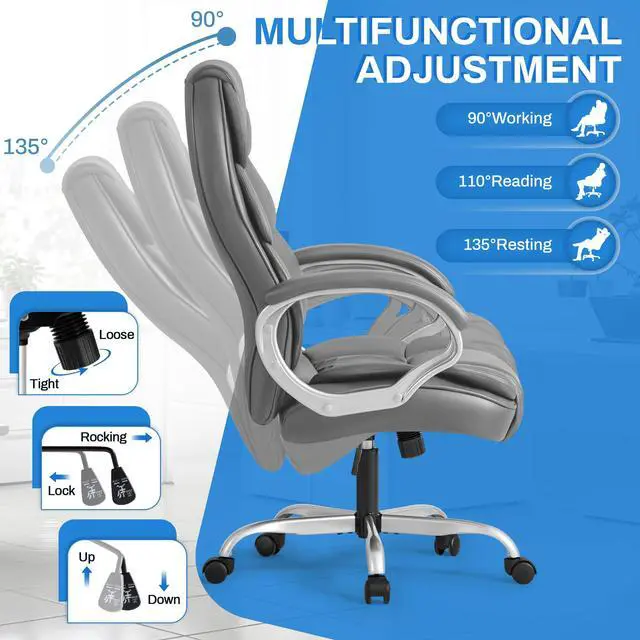 Alt view image 4 of 7 - Leather High Back Office Chair Ergonomic Executive Office Chair Swivel Computer Desk Chair Lumbar Support Soft Cushioned Padded Arms (Grey)