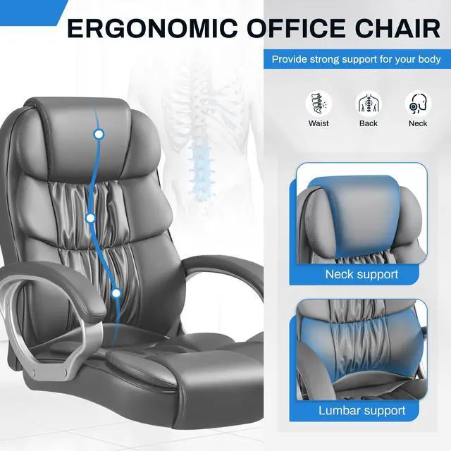 Alt view image 6 of 7 - Leather High Back Office Chair Ergonomic Executive Office Chair Swivel Computer Desk Chair Lumbar Support Soft Cushioned Padded Arms (Grey)