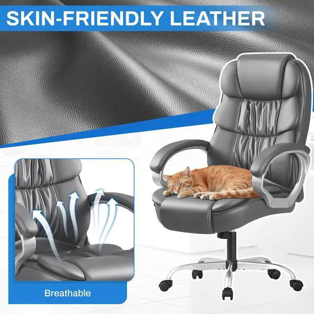 Alt view image 5 of 7 - Leather High Back Office Chair Ergonomic Executive Office Chair Swivel Computer Desk Chair Lumbar Support Soft Cushioned Padded Arms (Grey)