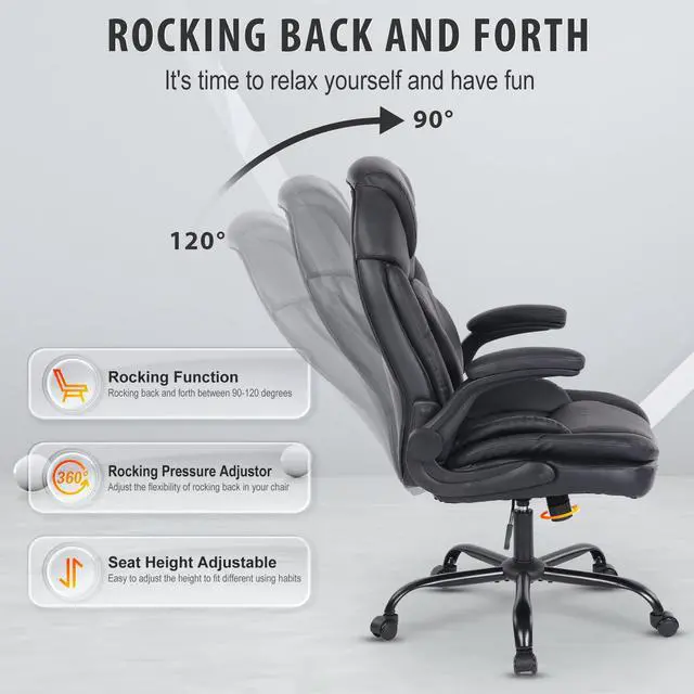 Alt view image 4 of 7 - Ergonomic Executive Office Desk Chair with Back Support, Black | Adjustable Lumbar Support, Flip-up Arms, Faux Leather, Plus Size, Wheels