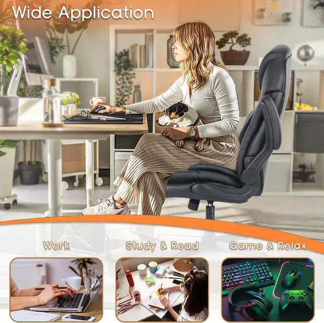Alt view image 6 of 7 - Ergonomic Executive Office Desk Chair with Back Support, Black | Adjustable Lumbar Support, Flip-up Arms, Faux Leather, Plus Size, Wheels