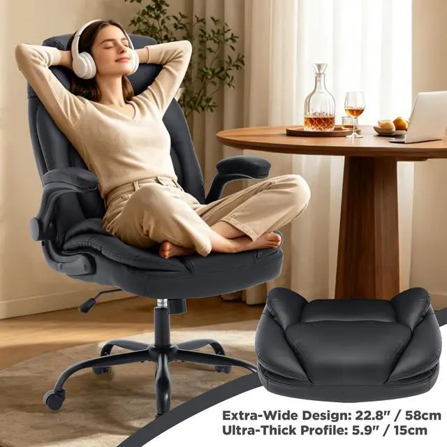 Alt view image 5 of 7 - Ergonomic Executive Office Desk Chair with Back Support, Black | Adjustable Lumbar Support, Flip-up Arms, Faux Leather, Plus Size, Wheels