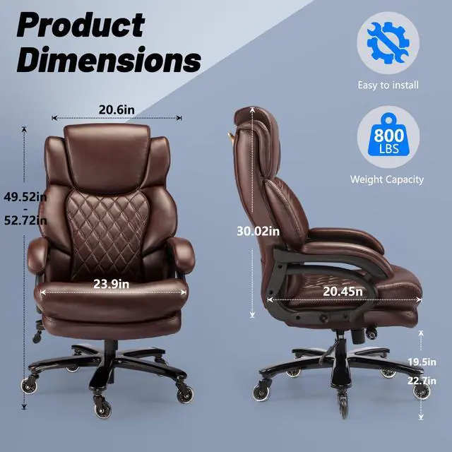 Alt view image 2 of 7 - 800lbs Big and Tall Office Chair, Executive Chair with Adjustable Headrest, High Back Extra Wide Seat, Heavy Duty PU Leather for Home Office, Comfortable Large Computer Desk Chair