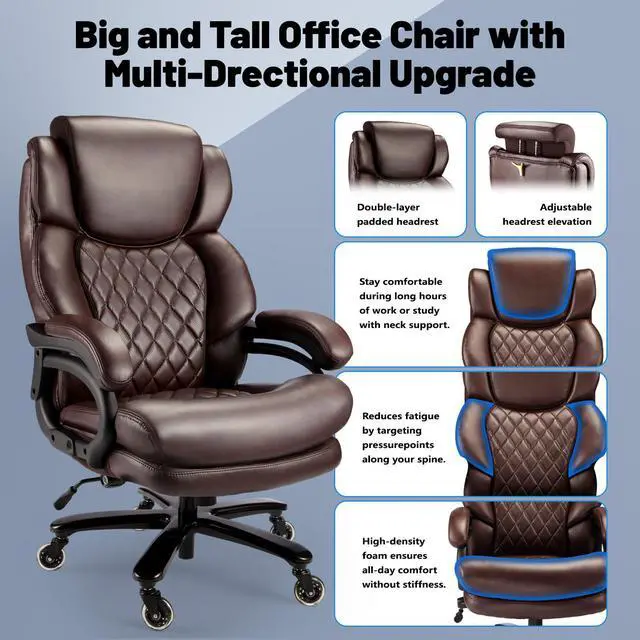 Alt view image 4 of 7 - 800lbs Big and Tall Office Chair, Executive Chair with Adjustable Headrest, High Back Extra Wide Seat, Heavy Duty PU Leather for Home Office, Comfortable Large Computer Desk Chair