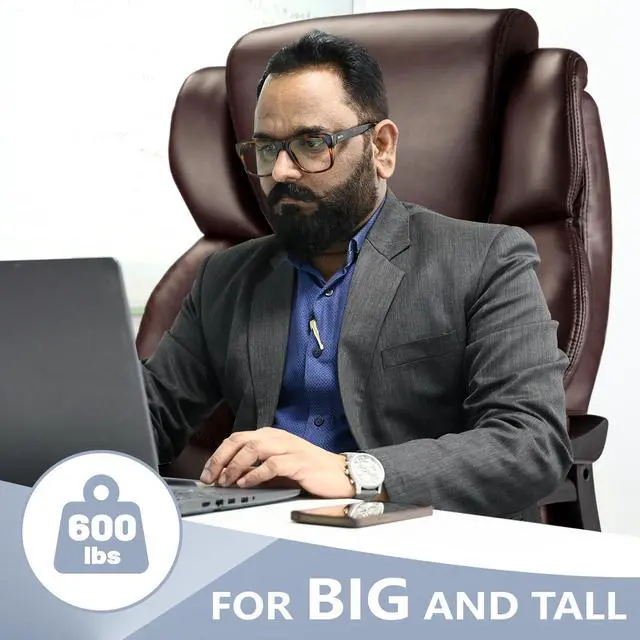 Alt view image 5 of 7 - 800lbs Big and Tall Office Chair, Executive Chair with Adjustable Headrest, High Back Extra Wide Seat, Heavy Duty PU Leather for Home Office, Comfortable Large Computer Desk Chair
