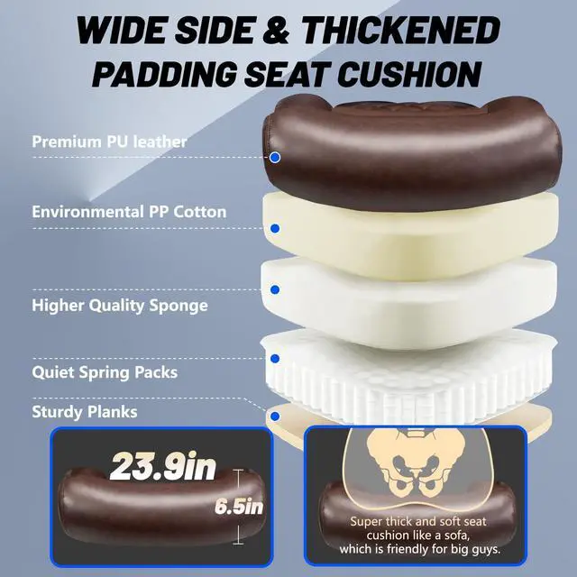 Alt view image 7 of 7 - 800lbs Big and Tall Office Chair, Executive Chair with Adjustable Headrest, High Back Extra Wide Seat, Heavy Duty PU Leather for Home Office, Comfortable Large Computer Desk Chair