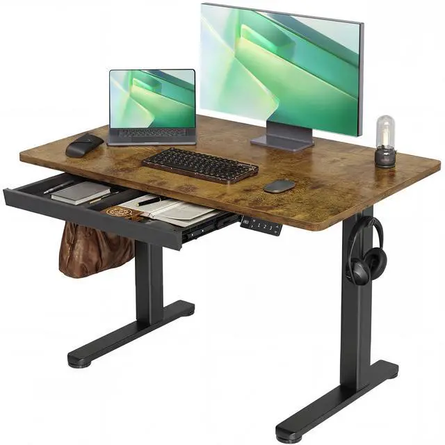 Main image of Electric Standing Desk with Drawer 40 Inch Rustic Brown | Sturdy steel frame supports 176 lbs, 28.35-46.46 inch height range, 45 dB quiet motor, 2 hooks included, quiet