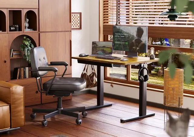 Alt view image 2 of 7 - Electric Standing Desk with Drawer 40 Inch Rustic Brown | Sturdy steel frame supports 176 lbs, 28.35-46.46 inch height range, 45 dB quiet motor, 2 hooks included, quiet