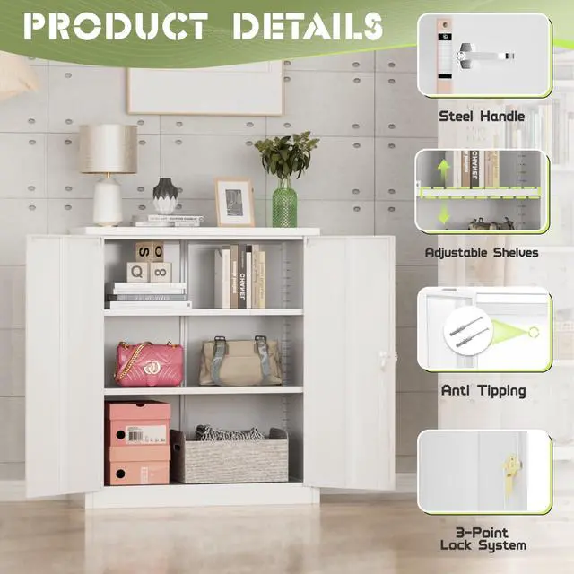 Alt view image 5 of 7 - 36" Metal Office Storage Locking Cabinet, Lockable Garage Storage Cabinets, High Office File Cabinet with Adjustable Shelves for Garage(White)