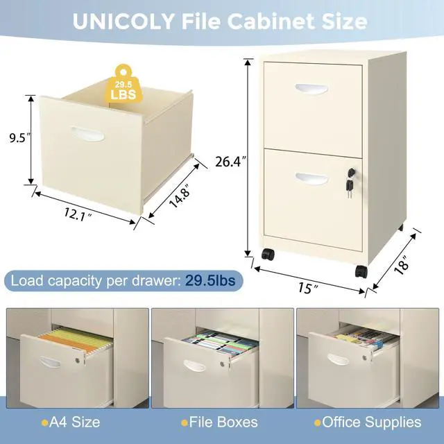 Alt view image 3 of 7 - 2 Drawer File Cabinet with Lock, Filing Cabinets with Wheels | Rolling File Cabinets for Home Office, Metal Office File Cabinet, Holding Letters and File Boxes, Assembly Required, Cream