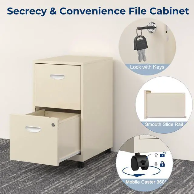 Alt view image 5 of 7 - 2 Drawer File Cabinet with Lock, Filing Cabinets with Wheels | Rolling File Cabinets for Home Office, Metal Office File Cabinet, Holding Letters and File Boxes, Assembly Required, Cream