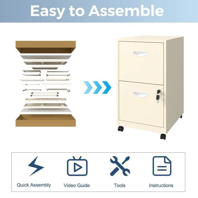 Alt view image 6 of 7 - 2 Drawer File Cabinet with Lock, Filing Cabinets with Wheels | Rolling File Cabinets for Home Office, Metal Office File Cabinet, Holding Letters and File Boxes, Assembly Required, Cream