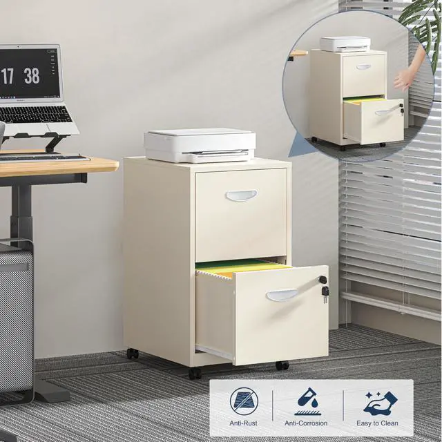 Alt view image 4 of 7 - 2 Drawer File Cabinet with Lock, Filing Cabinets with Wheels | Rolling File Cabinets for Home Office, Metal Office File Cabinet, Holding Letters and File Boxes, Assembly Required, Cream