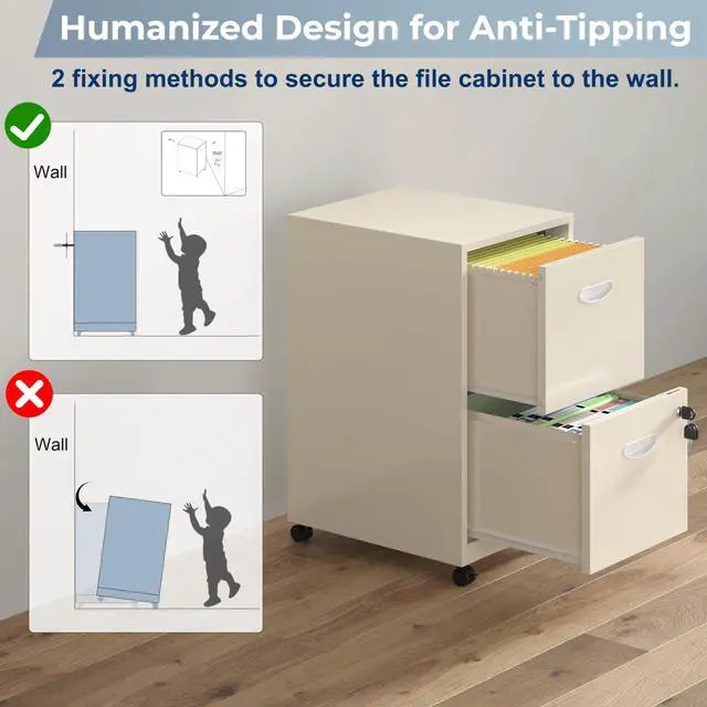 Alt view image 7 of 7 - 2 Drawer File Cabinet with Lock, Filing Cabinets with Wheels | Rolling File Cabinets for Home Office, Metal Office File Cabinet, Holding Letters and File Boxes, Assembly Required, Cream