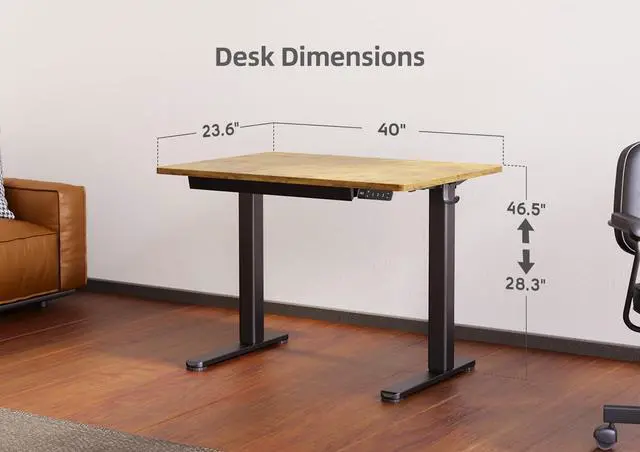 Alt view image 3 of 7 - Electric Standing Desk with Drawer 40 Inch Rustic Brown | Sturdy steel frame supports 176 lbs, 28.35-46.46 inch height range, 45 dB quiet motor, 2 hooks included, quiet