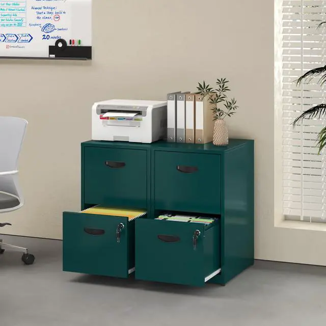 Alt view image 2 of 7 - 2 Drawer File Cabinet with Lock, Metal File Cabinet for Home Office | Under Desk Small Filing Cabinet, Printer Stand, Office File Cabinets for Letters and File Boxes, Assembly Required, Green