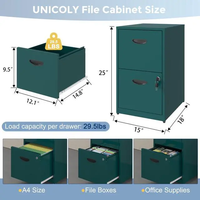 Alt view image 3 of 7 - 2 Drawer File Cabinet with Lock, Metal File Cabinet for Home Office | Under Desk Small Filing Cabinet, Printer Stand, Office File Cabinets for Letters and File Boxes, Assembly Required, Green