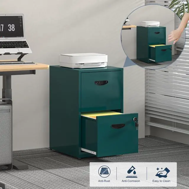 Alt view image 4 of 7 - 2 Drawer File Cabinet with Lock, Metal File Cabinet for Home Office | Under Desk Small Filing Cabinet, Printer Stand, Office File Cabinets for Letters and File Boxes, Assembly Required, Green