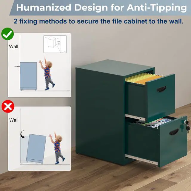 Alt view image 6 of 7 - 2 Drawer File Cabinet with Lock, Metal File Cabinet for Home Office | Under Desk Small Filing Cabinet, Printer Stand, Office File Cabinets for Letters and File Boxes, Assembly Required, Green