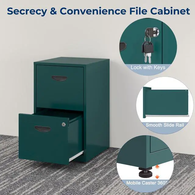 Alt view image 5 of 7 - 2 Drawer File Cabinet with Lock, Metal File Cabinet for Home Office | Under Desk Small Filing Cabinet, Printer Stand, Office File Cabinets for Letters and File Boxes, Assembly Required, Green
