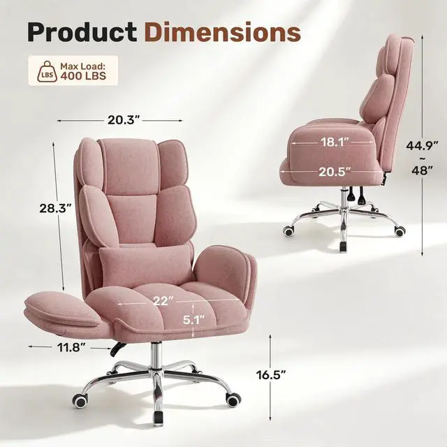 Alt view image 2 of 7 - Big and Tall Office Chair, Flip Armrests with Side Pockets, Comfy Criss Cross Office Chair with Extra-Wide Plush Seat, 150° Reclining Executive Office Chair, Chenille Upholstery, Pink
