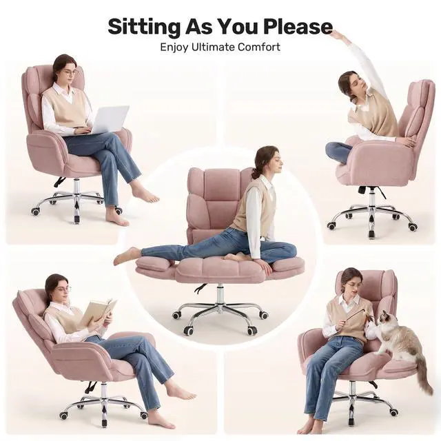 Alt view image 3 of 7 - Big and Tall Office Chair, Flip Armrests with Side Pockets, Comfy Criss Cross Office Chair with Extra-Wide Plush Seat, 150° Reclining Executive Office Chair, Chenille Upholstery, Pink