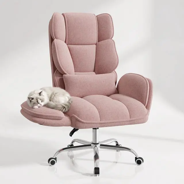 Alt view image 4 of 7 - Big and Tall Office Chair, Flip Armrests with Side Pockets, Comfy Criss Cross Office Chair with Extra-Wide Plush Seat, 150° Reclining Executive Office Chair, Chenille Upholstery, Pink