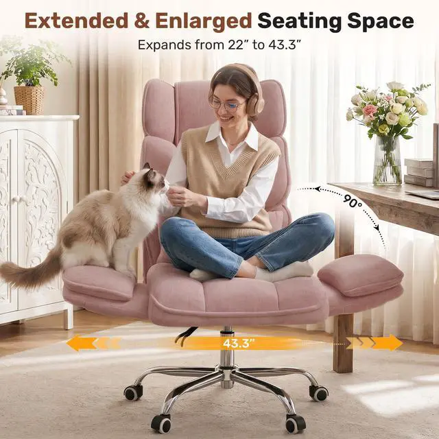 Alt view image 5 of 7 - Big and Tall Office Chair, Flip Armrests with Side Pockets, Comfy Criss Cross Office Chair with Extra-Wide Plush Seat, 150° Reclining Executive Office Chair, Chenille Upholstery, Pink