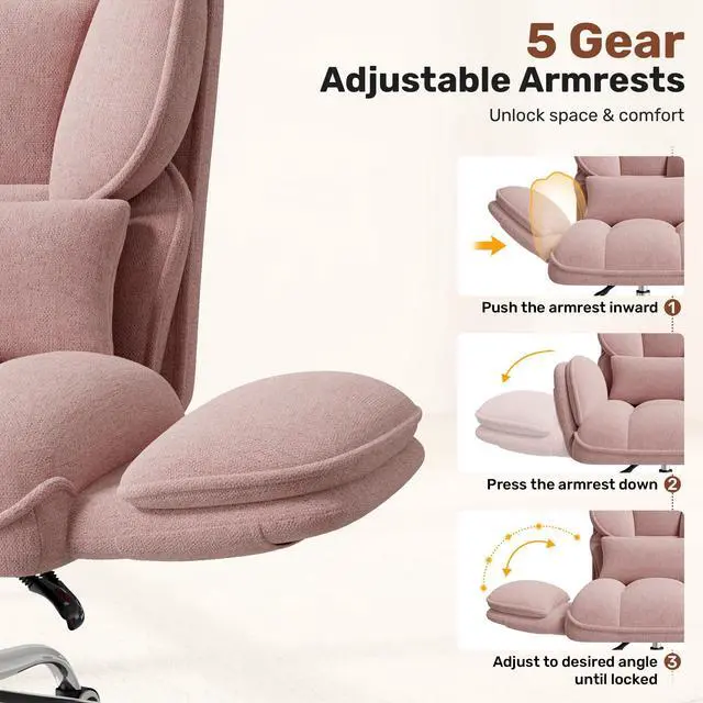 Alt view image 7 of 7 - Big and Tall Office Chair, Flip Armrests with Side Pockets, Comfy Criss Cross Office Chair with Extra-Wide Plush Seat, 150° Reclining Executive Office Chair, Chenille Upholstery, Pink