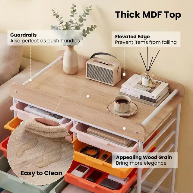 Alt view image 6 of 7 - 10-Drawer Rolling Cart with Drawers - Mobile Art Craft Organizer w/Wooden Top, Lockable Wheels, Metal Frame & Handles, Utility Storage Cart for Office Study School Classroom (Macaron)
