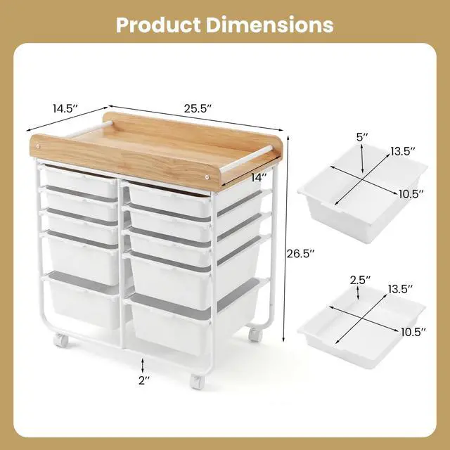 Alt view image 3 of 7 - 10-Drawer Rolling Cart Mobile Storage Organizer | Wooden Top,Metal Frame,Lockable Wheels,Built-in Handles,For Office Study School Classroom
