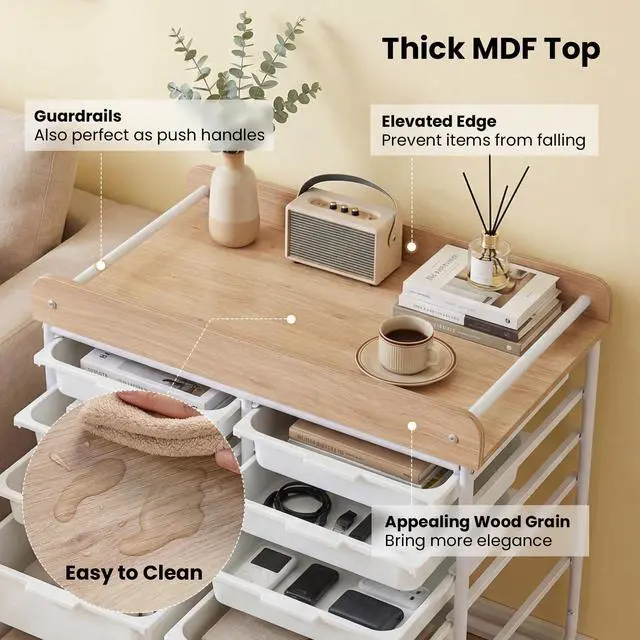 Alt view image 6 of 7 - 10-Drawer Rolling Cart Mobile Storage Organizer | Wooden Top,Metal Frame,Lockable Wheels,Built-in Handles,For Office Study School Classroom