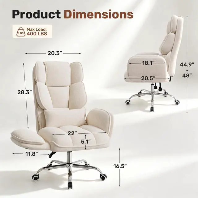 Alt view image 2 of 7 - Big and Tall Office Chair, Flip Armrests with Side Pockets, Comfy Criss Cross Office Chair with Extra-Wide Plush Seat, 150° Reclining Executive Office Chair, Chenille Upholstery, Beige
