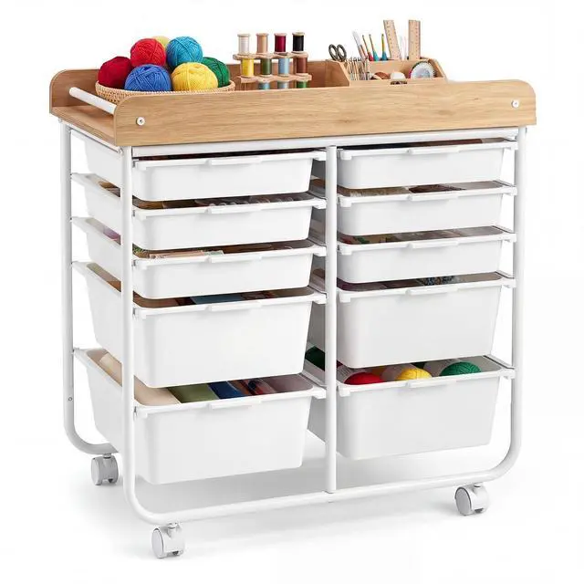 Main image of 10-Drawer Rolling Cart Mobile Storage Organizer | Wooden Top,Metal Frame,Lockable Wheels,Built-in Handles,For Office Study School Classroom