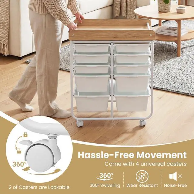 Alt view image 5 of 7 - 10-Drawer Rolling Cart Mobile Storage Organizer | Wooden Top,Metal Frame,Lockable Wheels,Built-in Handles,For Office Study School Classroom