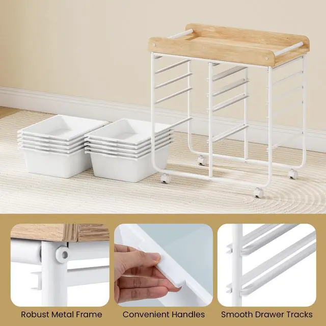 Alt view image 7 of 7 - 10-Drawer Rolling Cart Mobile Storage Organizer | Wooden Top,Metal Frame,Lockable Wheels,Built-in Handles,For Office Study School Classroom