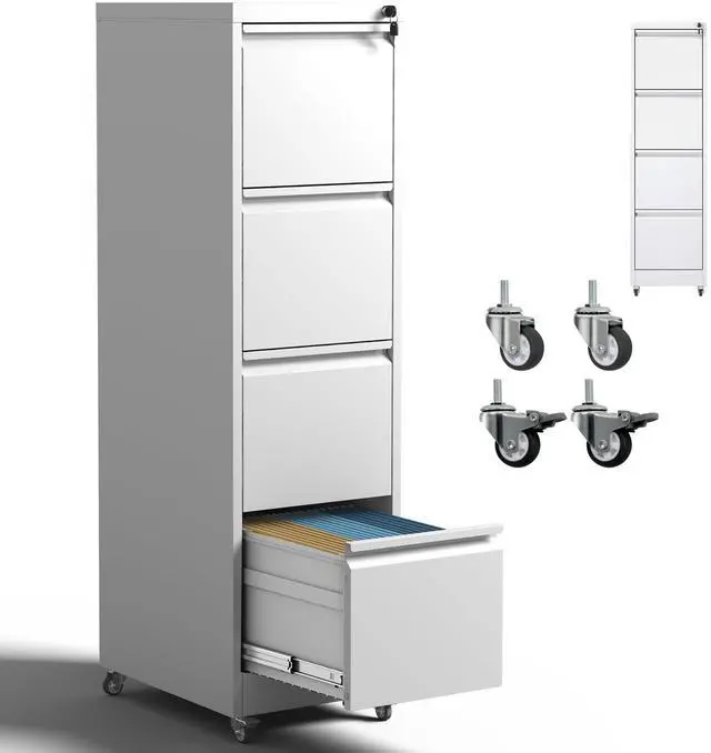 Main image of 4 Drawer Mobile File Cabinet with Lock,White Metal Filing Cabinets | Vertical File Cabinet with Wheels,Heavy Duty Home Office Storage Cabinet for A4/Letter/Legal Size File,Assembly Required