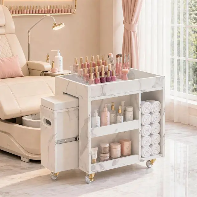 Main image of Storage Pedicure Cart, Lockable Mobile Foot Nail Trolley2099 | Large Size, Comfort Foot Rest, Side Storage Shelf, 2-tier Storage Rack, Spacious Desktop