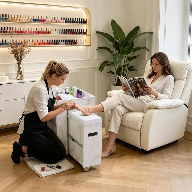 Alt view image 2 of 7 - Storage Pedicure Cart, Lockable Mobile Foot Nail Trolley2099 | Large Size, Comfort Foot Rest, Side Storage Shelf, 2-tier Storage Rack, Spacious Desktop