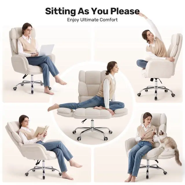 Alt view image 3 of 7 - Big and Tall Office Chair, Flip Armrests with Side Pockets, Comfy Criss Cross Office Chair with Extra-Wide Plush Seat, 150° Reclining Executive Office Chair, Chenille Upholstery, Beige