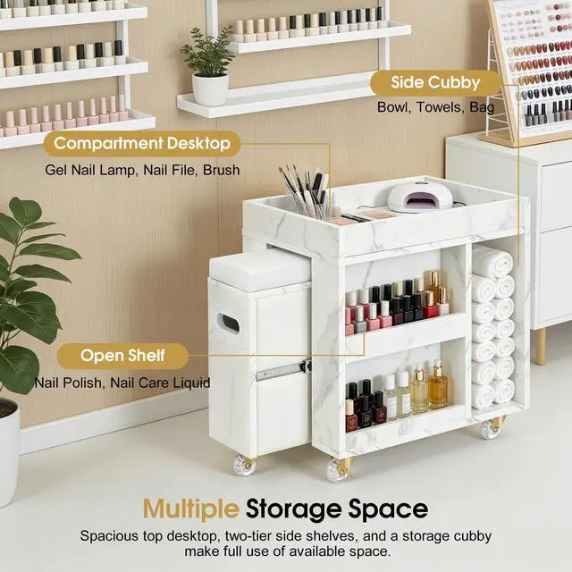 Alt view image 4 of 7 - Storage Pedicure Cart, Lockable Mobile Foot Nail Trolley2099 | Large Size, Comfort Foot Rest, Side Storage Shelf, 2-tier Storage Rack, Spacious Desktop