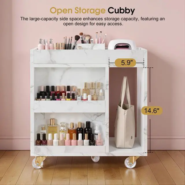 Alt view image 7 of 7 - Storage Pedicure Cart, Lockable Mobile Foot Nail Trolley2099 | Large Size, Comfort Foot Rest, Side Storage Shelf, 2-tier Storage Rack, Spacious Desktop